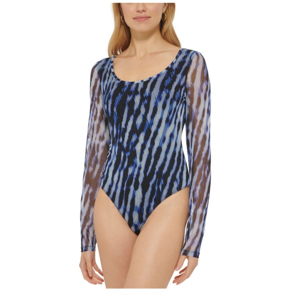 💖 DKNY Scoop-Neck Printed Mesh Long-Sleeve Bodysuit